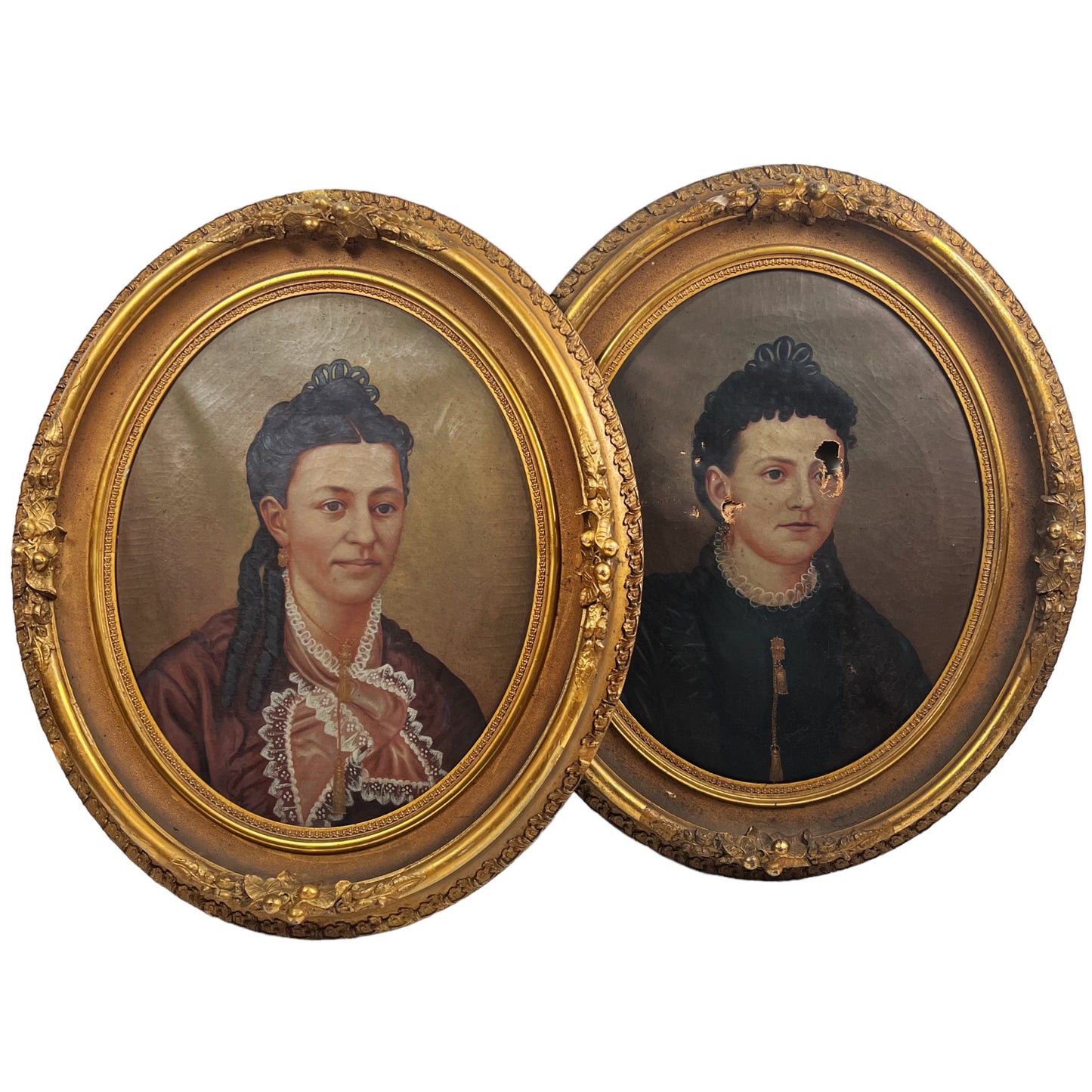 C. 1870  Antique Oil on Canvas Portraiture Pair Mrs Diffendall & Daughter Framed