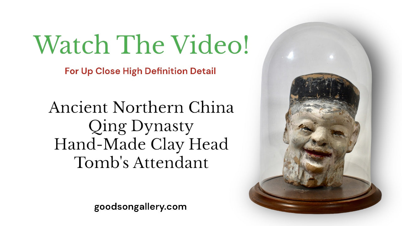 Load video: Goodson Gallery Ancient Chinese Head Qing Dynasty Antiquity / Antique Hand-Made Clay Head / Tomb&#39;s Attendant Full Video on Youtube / Make an Offer