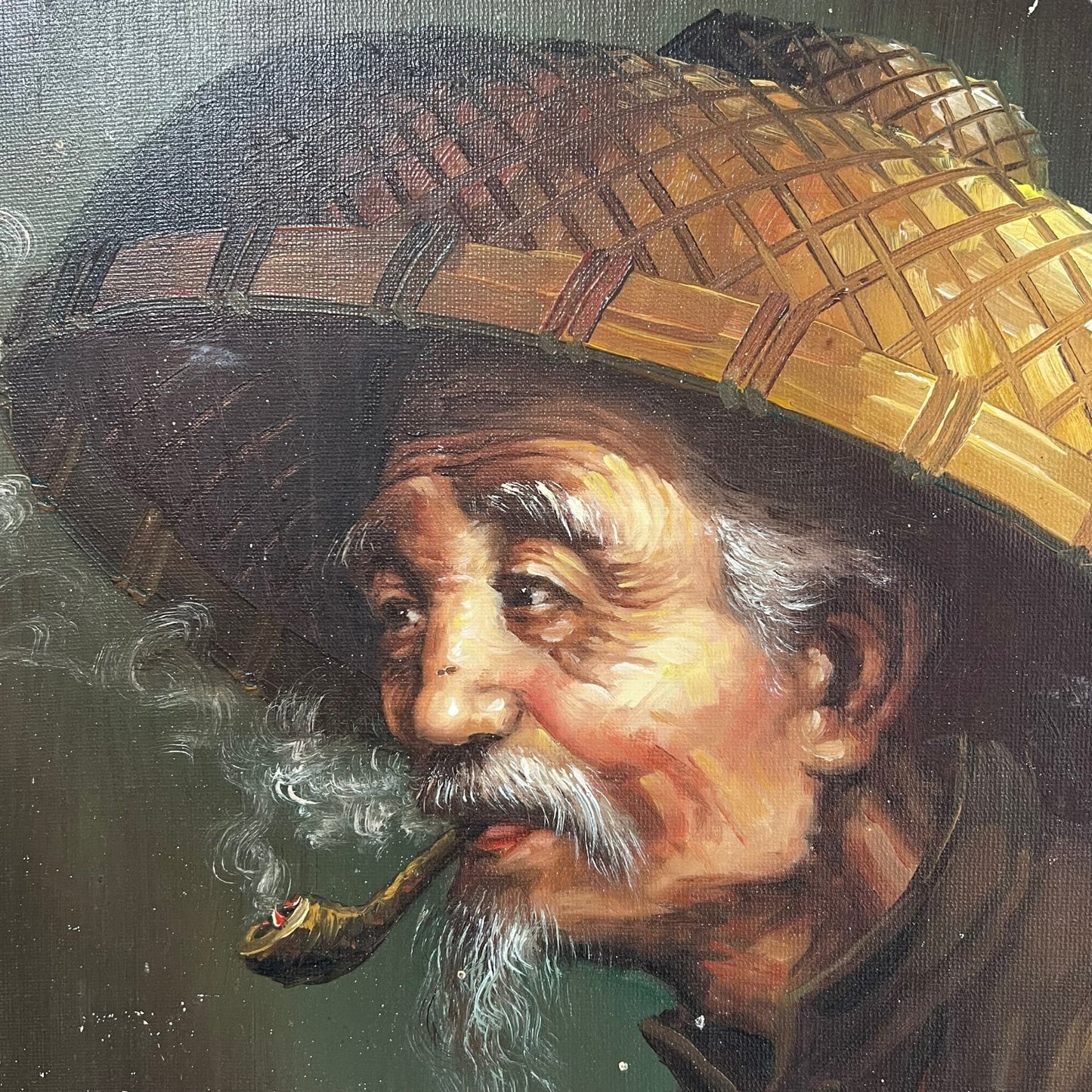 Vintage 1970's Chinese Man Smoking Pipe Oil on Canvas Framed / Signed