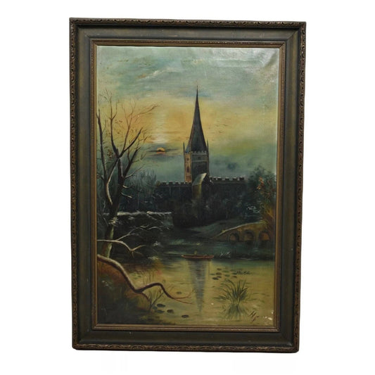 Gothic Church 19th Century Oil on Canvas Painting