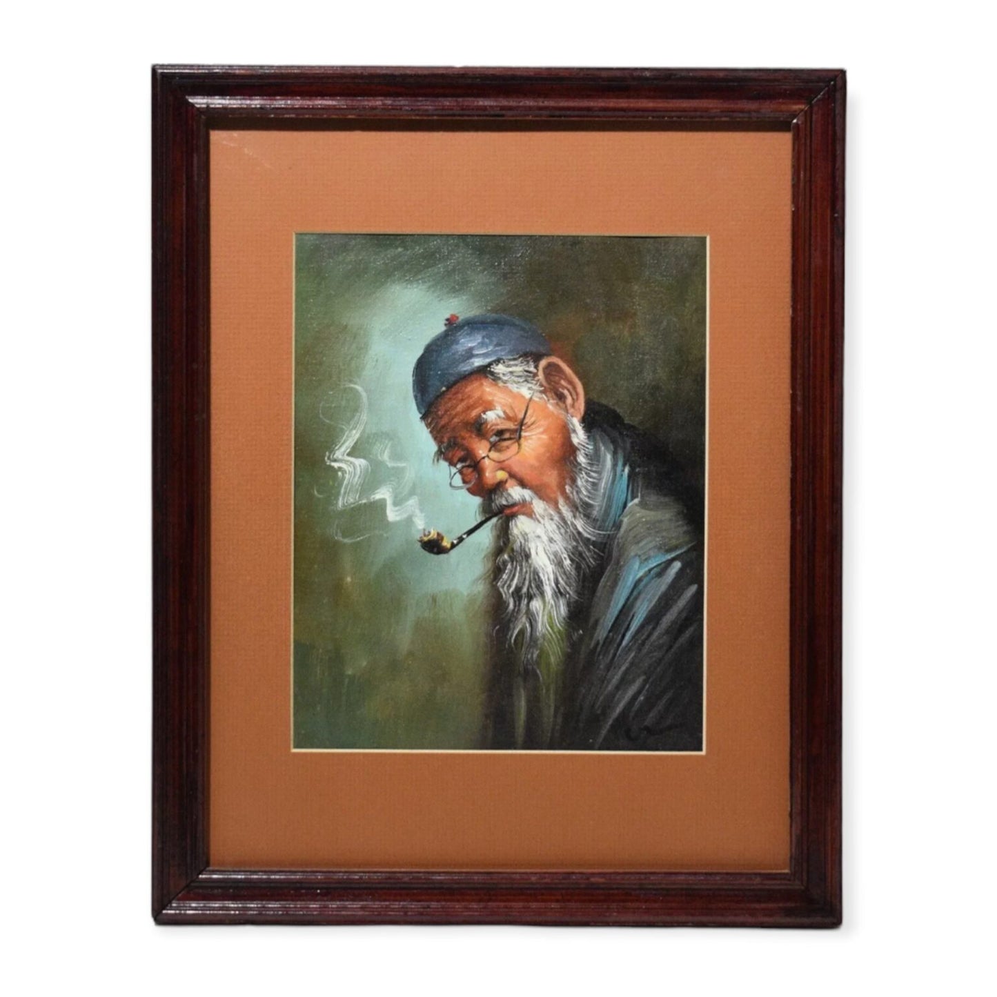 Mysterious Oil On Canvas "Asian Man Smoking Pipe"