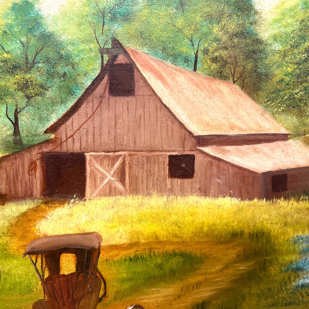 Vintage Texas Countryside Wagon Farm Oil on Canvas Framed