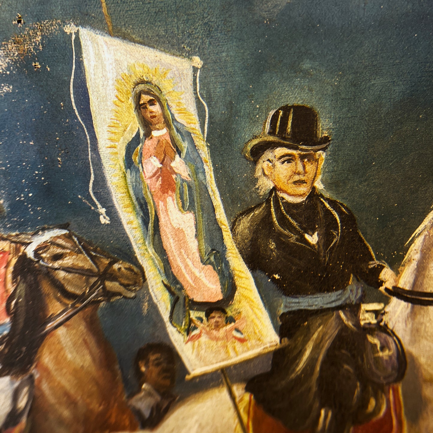 Antique 1800's Mexican American War Oil on Canvas Painting 20" x 25"