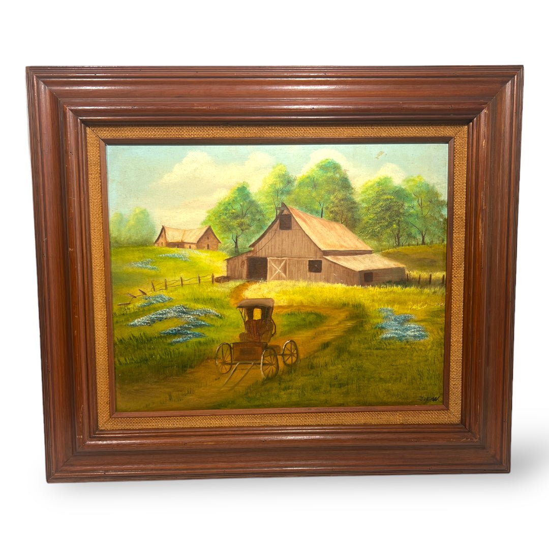 Vintage Texas Countryside Wagon Farm Oil on Canvas Framed