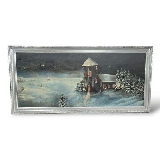 Mysterious Winter Night Landscape Antique Church Oil on Canvas Painting