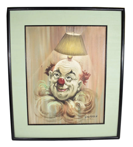 VTG "Smiling Clown Lamp Head" Original Oil Paint on Canvas Signed Langella
