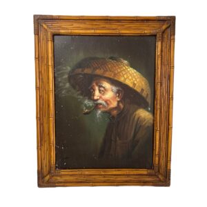 Vintage 1970's Chinese Man Smoking Pipe Oil on Canvas Framed / Signed