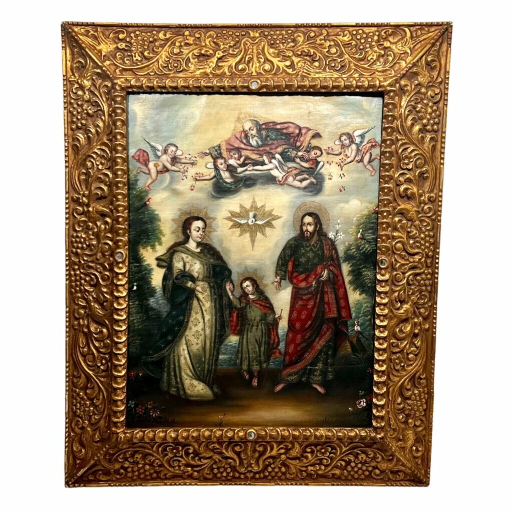 18th century spanish colonial painting of jesus christ and mary and  joseph